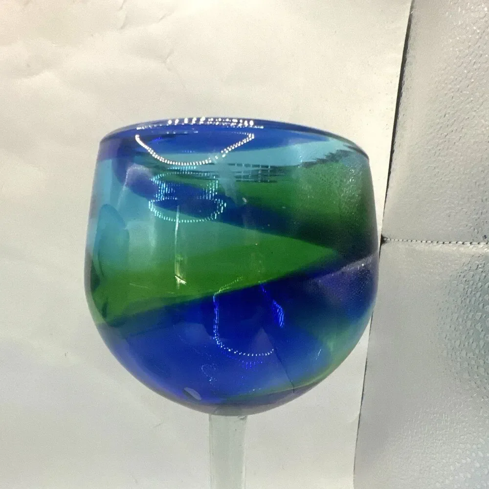 Jan Barboglio Hand Blown Swirl Wine Glasses Set of 3 Blue Green Clear